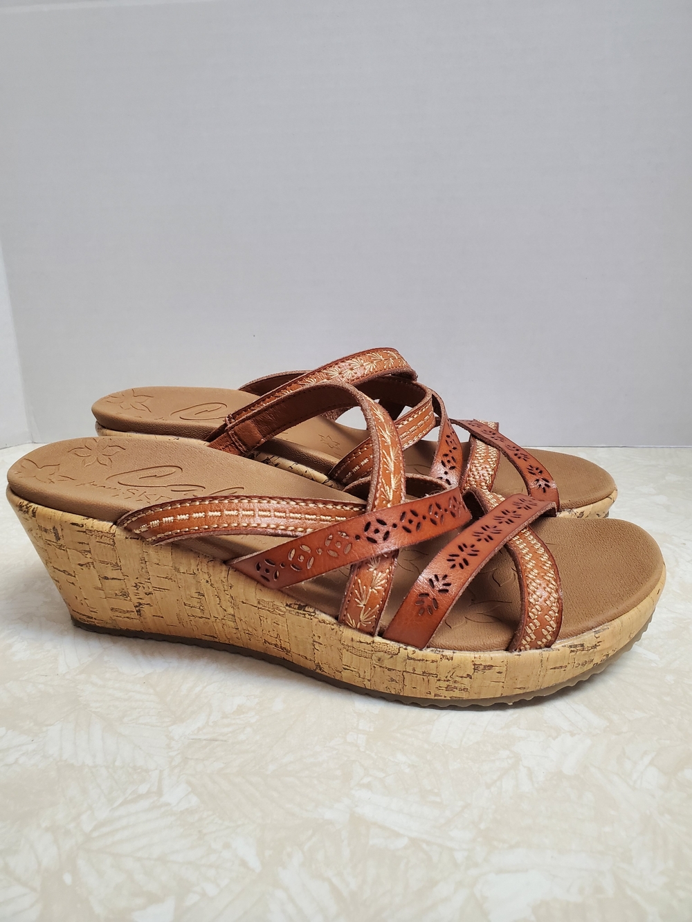 Skechers Tan Brown Cork Wedge Sandals with Strappy Cutouts